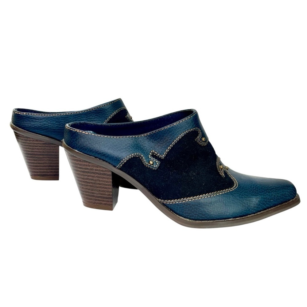 Vintage Coastal Cowgirl Western Navy Blue Suede Leather Mule Heels Size 6 - Picture 4 of 16